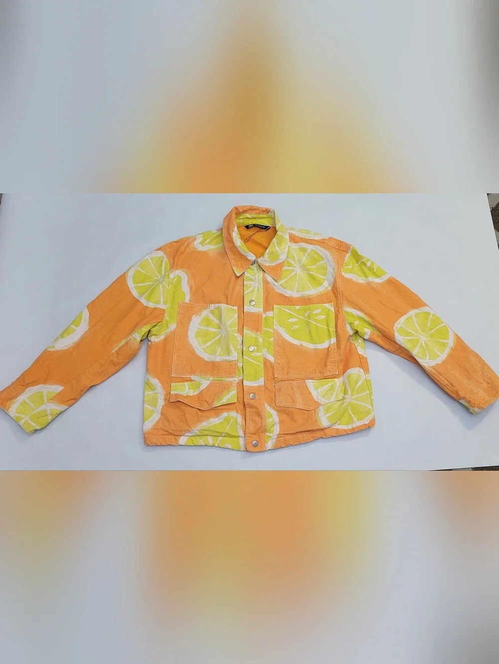 Zara Denim Jacket Men's XL Orange Lemon Print Vibrant Festival Grunge Artsy